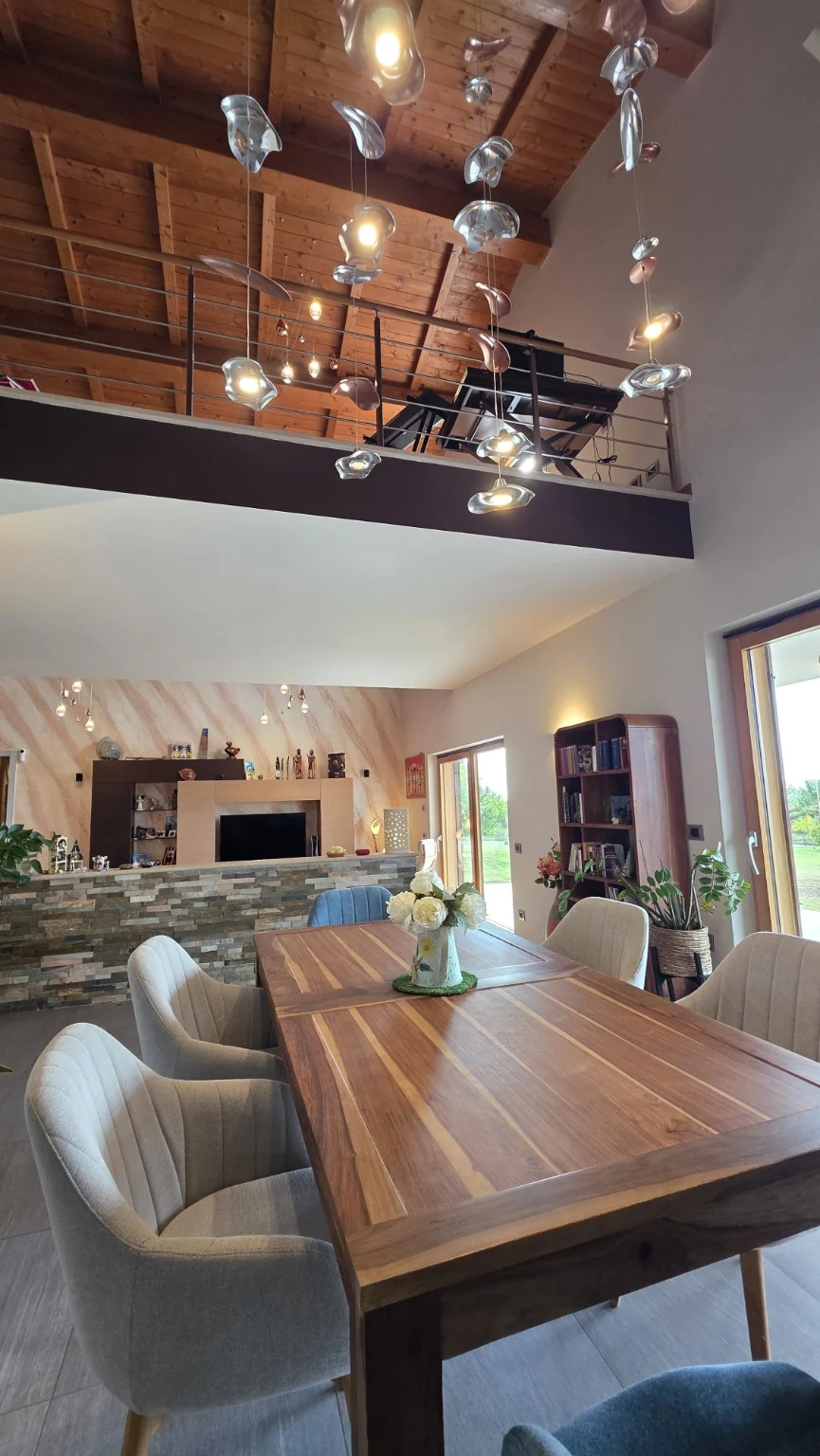 The living area beneath the timber roof